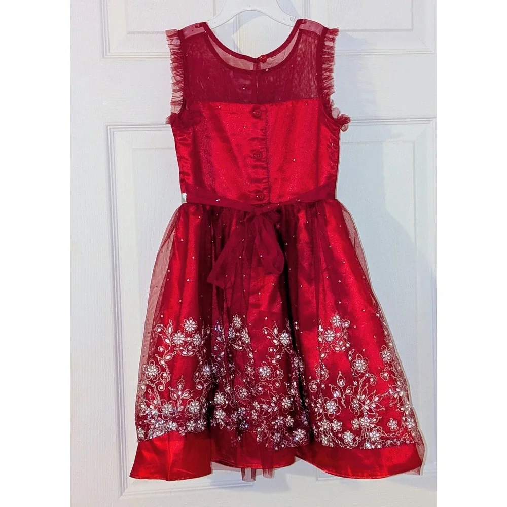 Jona Michelle Girls Red Metallic Floral Embroidered HolidayParty Dress Sz 7 NWOT